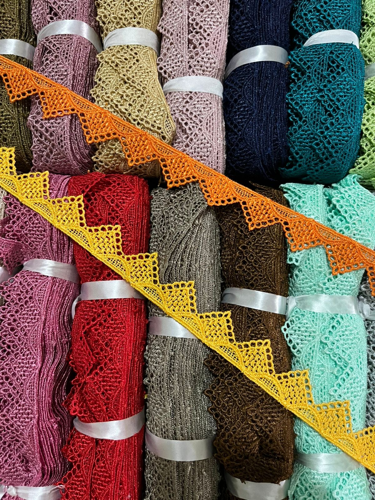 ₹7.75/mtr Trending GPO Lace Design by AV Creations ( Pack of 36pcs/ 33 Colors)
