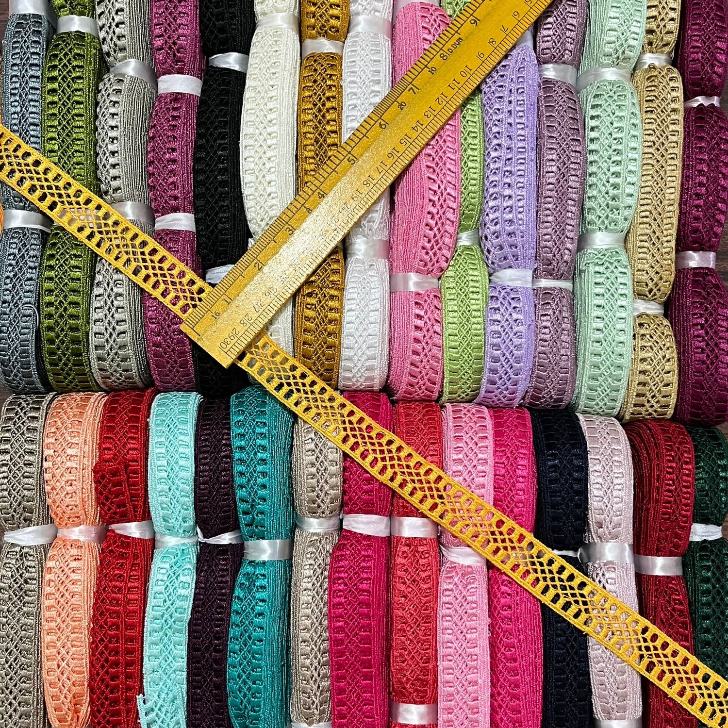 ₹6.25/mtr Gpo Polester lace for Garments {Pack of 34 Pcs/ 31 Shades)