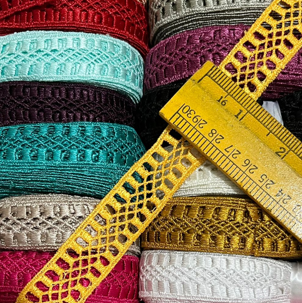 ₹6.25/mtr Gpo Polester lace for Garments {Pack of 34 Pcs/ 31 Shades)