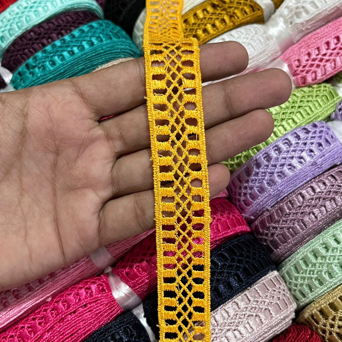 ₹6.25/mtr Gpo Polester lace for Garments {Pack of 34 Pcs/ 31 Shades)